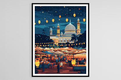 Affiche Marché Malaisien – Poster Artisanat Traditionnel & Mosquée Historique
