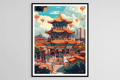 Affiche Johor Bahru – Impression artistique du vieux temple chinois et ses prières colorées