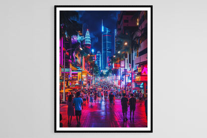 Affiche Bukit Bintang - Imprimé Art de Kuala Lumpur, Lumières néon et Foule