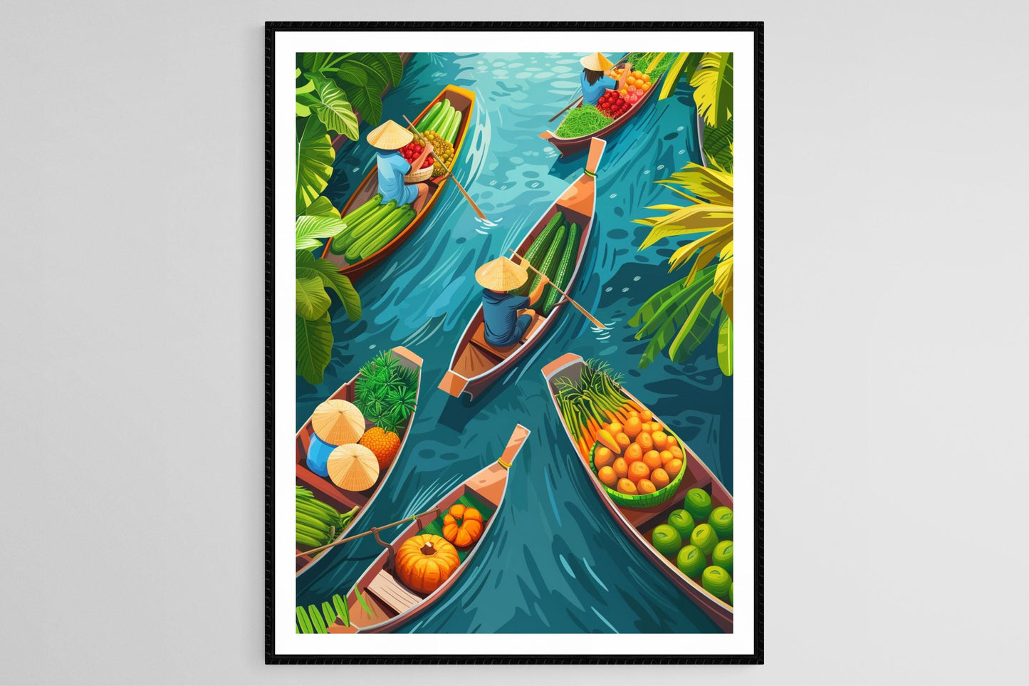 Affiche Marché Flottant Thaï – Poster Vibrantes Bateaux et Délices Locaux