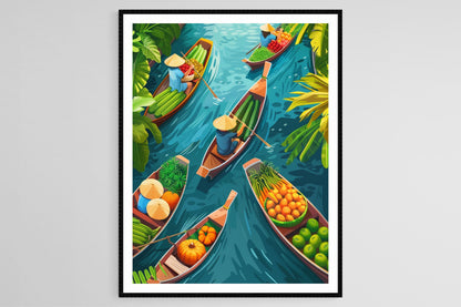 Affiche Marché Flottant Thaï – Poster Vibrantes Bateaux et Délices Locaux