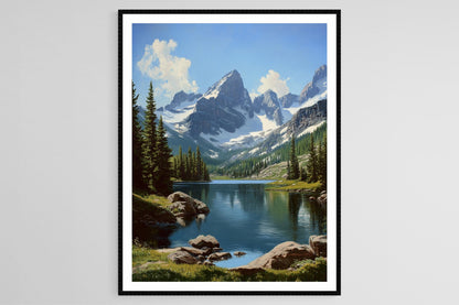 Affiche Montagnes Rocheuses – Poster Art des Sommets Enneigés et Lac Alpin