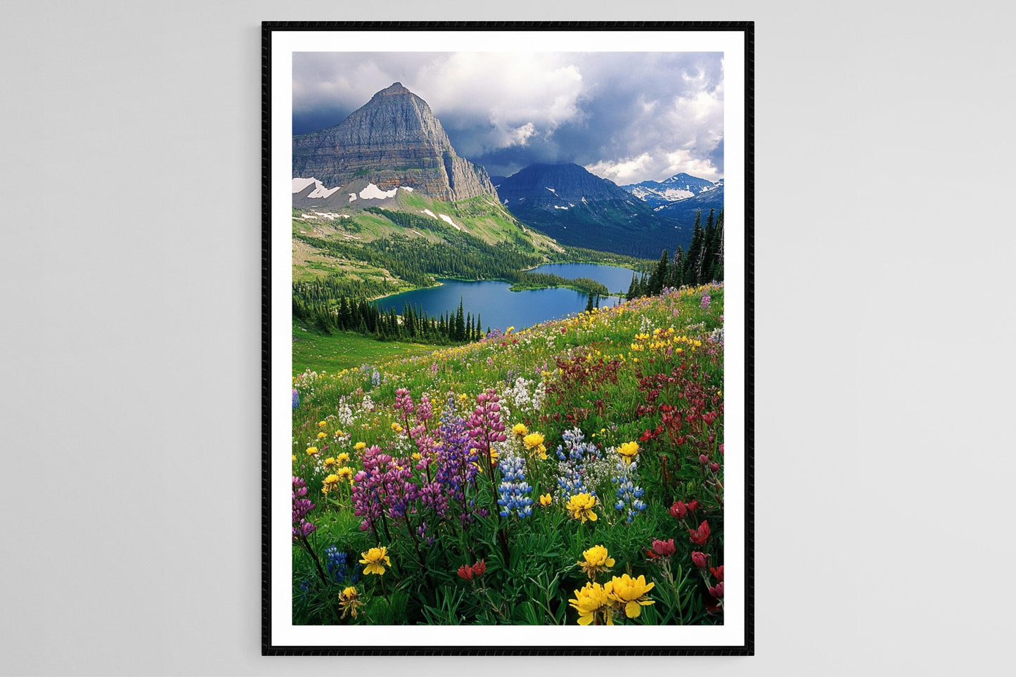 Affiche Glacier National Park - Imprimé Art des Lacs Glaciaires et Prairies Fleuries