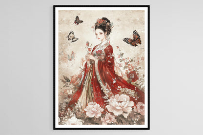 Affiche Impératrice Qing – Poster en soie avec pivoines et papillons