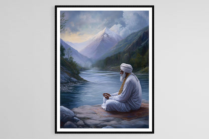 Affiche Méditation Sikh – Art avec Perles Mala et Rivière Paisible