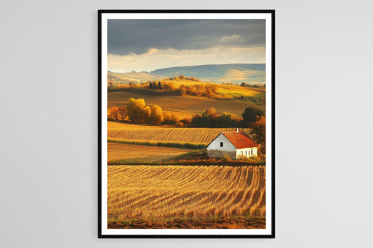 Affiche Campagne Hongroise – Poster Automne, Champs Dorés, Ferme Rustique