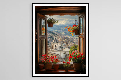 Affiche Quito Équateur – Impression artistique de fenêtre coloniale et fleurs