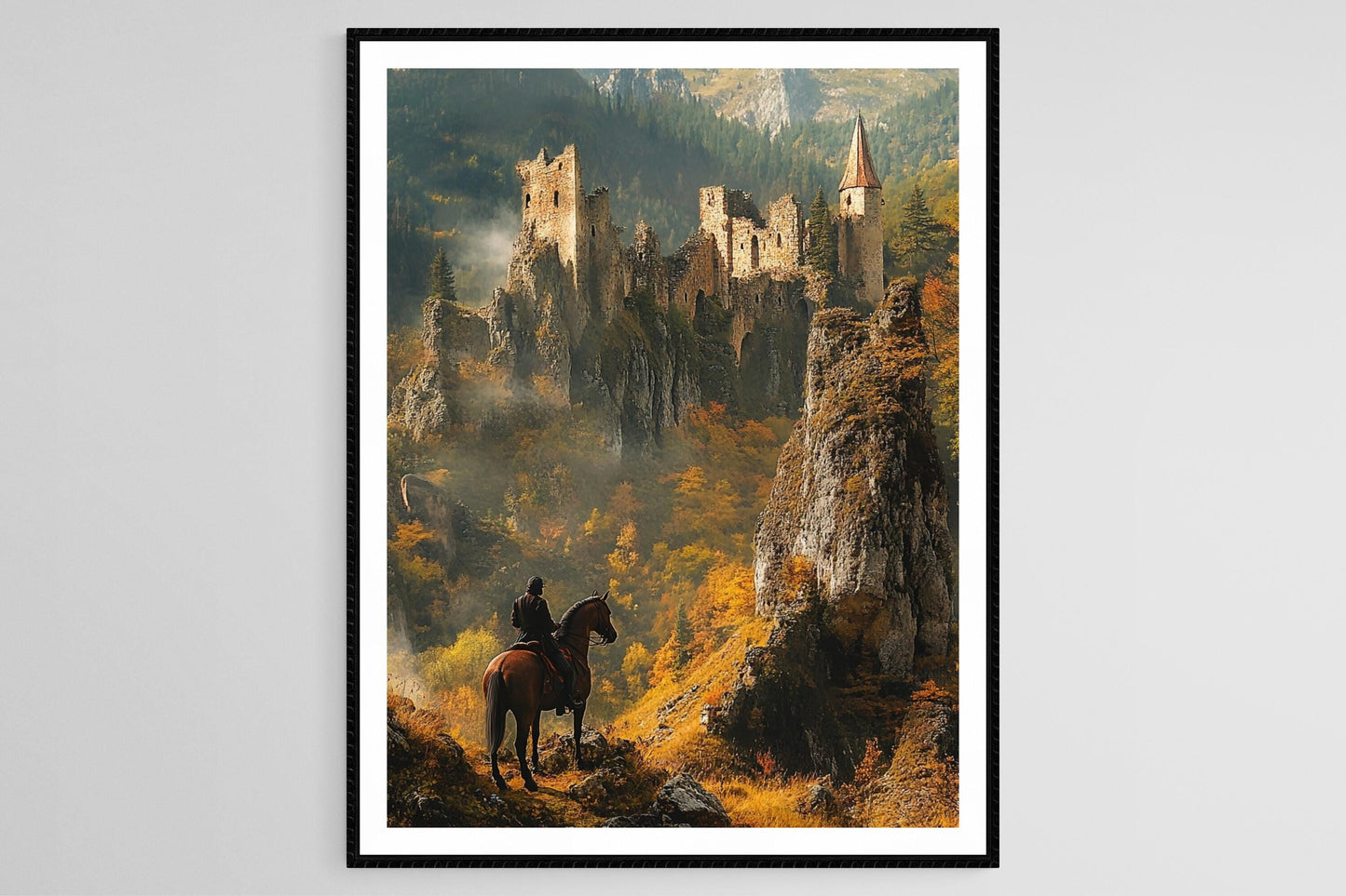 Affiche Transylvanienne – Cavalier au milieu des ruines Daces, Paysage majestueux