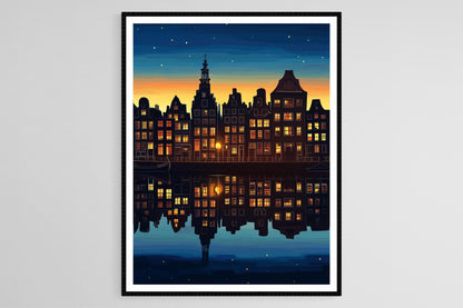 Affiche Amsterdam – Poster Silhouette des Maisons au Crépuscule