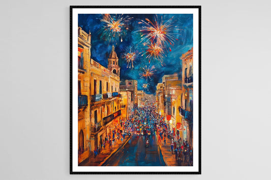 Affiche Maltaise – Impression giclée de la Festa, décor coloré et feu d'artifice.