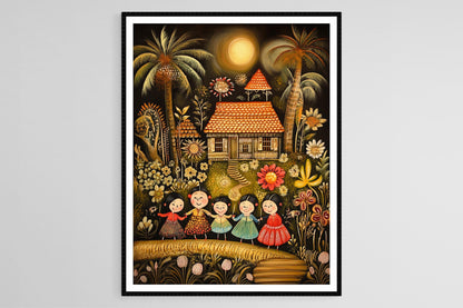 Affiche Art Naïf Indonésien – Poster Folklore à Accrocher au Mur