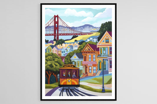 Affiche San Francisco – Art Naïf, Pont du Golden Gate & Maisons Victoriennes