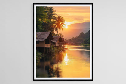 Affiche Village de Papouasie-Nouvelle-Guinée – Impression de maisons sur pilotis au coucher du soleil