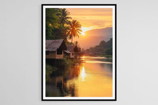 Affiche Village de Papouasie-Nouvelle-Guinée – Impression de maisons sur pilotis au coucher du soleil