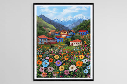 Affiche Village Kurde – Poster Art Naïve de la Région d'Amedia