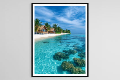 Affiche Veligandu – Poster Villas sur pilotis et lagon turquoise aux Maldives