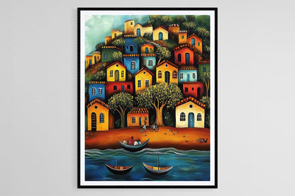 Affiche Village de Pêche Indien – Poster Art Naïve de Scène Côtière