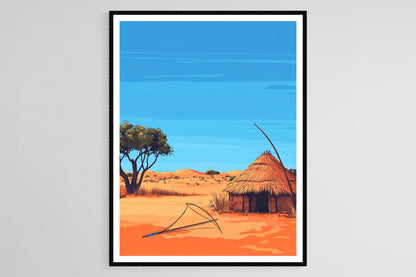 Affiche Désert Kalahari – Imprimé Art, Hut San Bushman, Sable Rouge