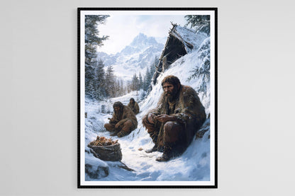 Affiche Néandertalien – Poster Art de la survie des humains primitifs en hiver