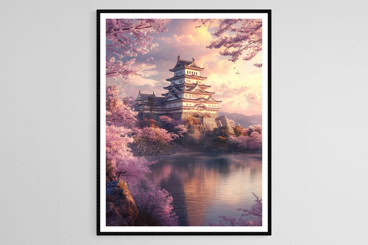 Affiche Château de Himeji – Poster Art du Japon avec Cerisiers et Héron