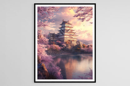 Affiche Château de Himeji – Poster Art du Japon avec Cerisiers et Héron