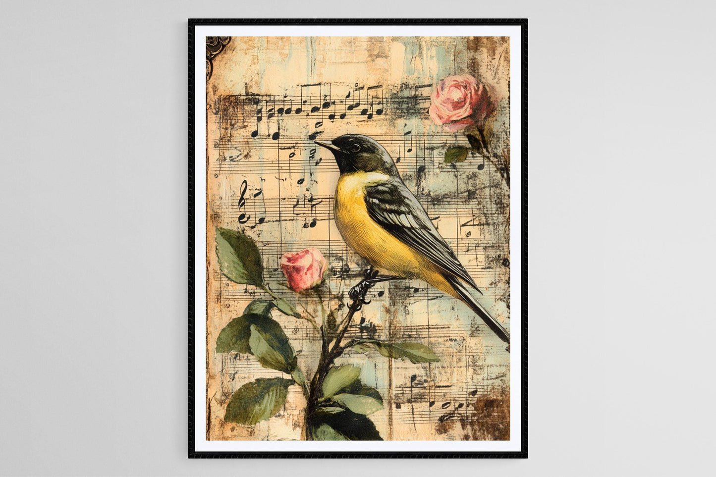 Affiche Vintage Oiseaux et Musique – Impression Botanique Rose et Notes Musicales