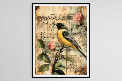 Affiche Vintage Oiseaux et Musique – Impression Botanique Rose et Notes Musicales
