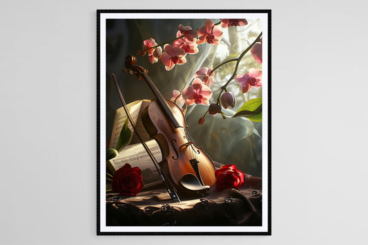 Affiche Violon avec Orchidées et Roses – Poster Élégant de Décor Musical