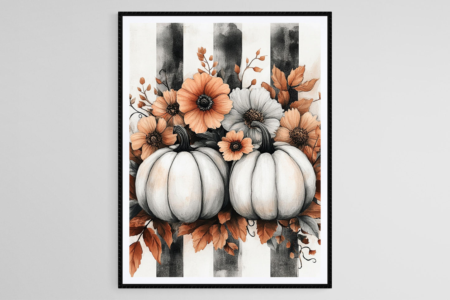 Affiche Citrouilles et Fleurs – Poster Art Noir et Blanc pour Décor Automnal