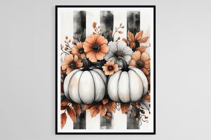 Affiche Citrouilles et Fleurs – Poster Art Noir et Blanc pour Décor Automnal