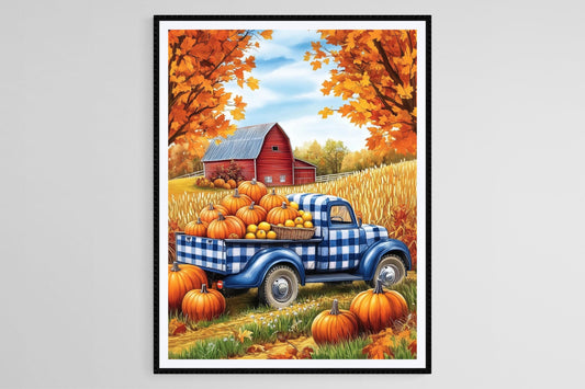 Affiche Camion Vintage Bleu avec Citrouilles – Décor Automnal Élégant