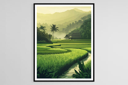 Affiche Rizières Malaisiennes – Poster Maison Kampung dans les Champs Verts