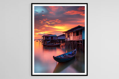 Affiche Village Côtier Malais – Impression d'Art, Bateaux Traditionnels, Coucher de Soleil
