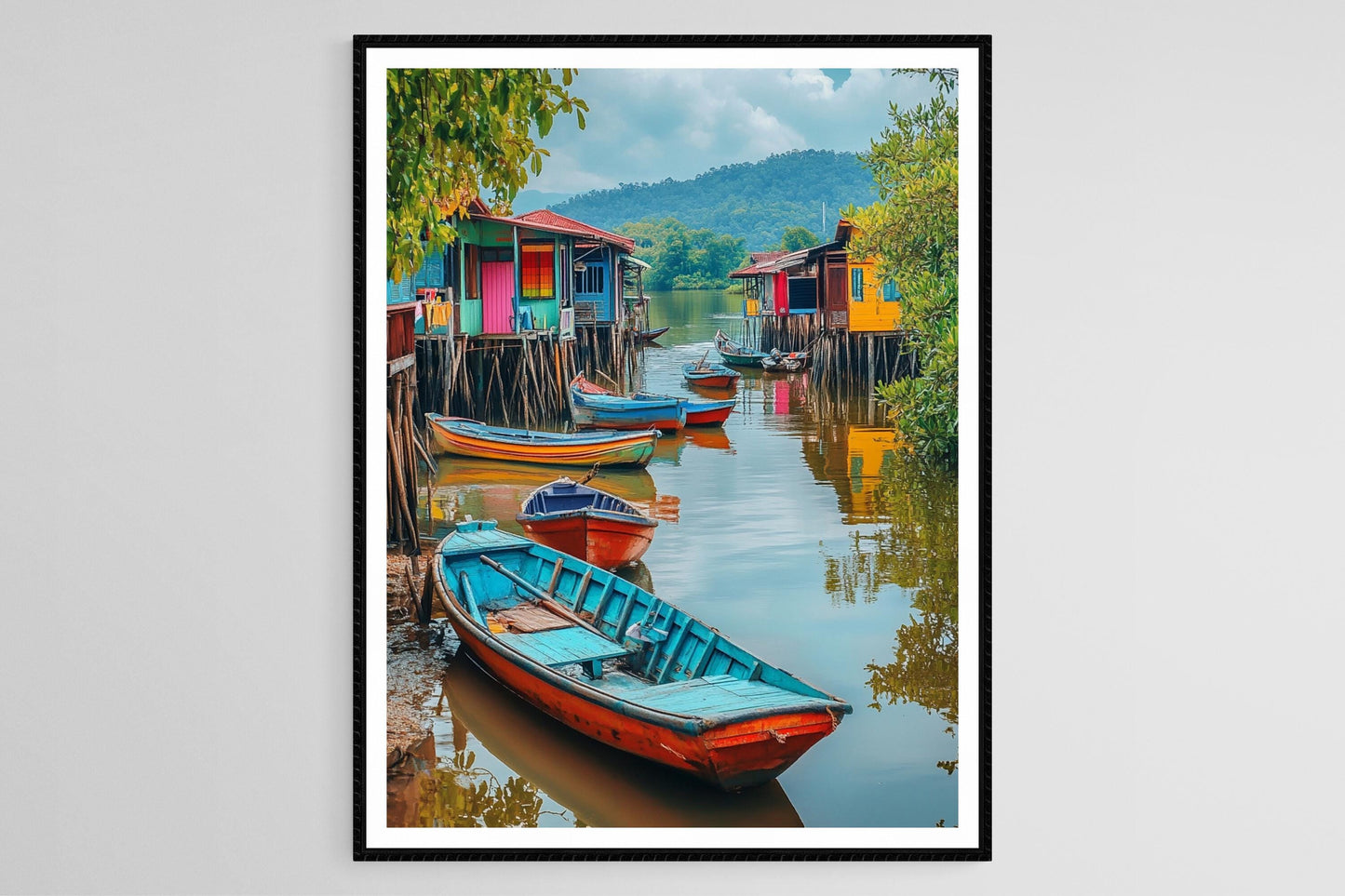 Affiche Muar River – Poster Art de Malaisie avec maisons traditionnelles et bateaux de pêche