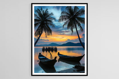 Affiche Langkawi – Impression artistique de coucher de soleil avec bateaux de pêche