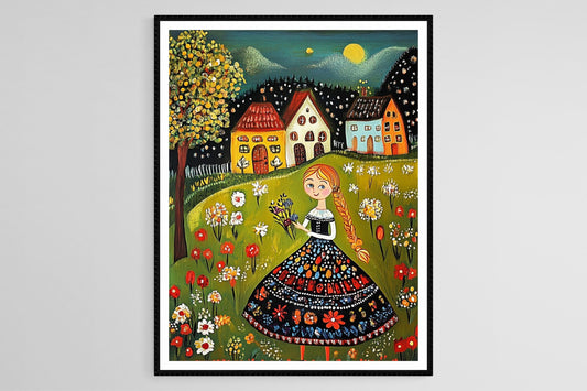 Affiche Art Naïf Bulgare – Poster Œuvre Folklorique Élégante