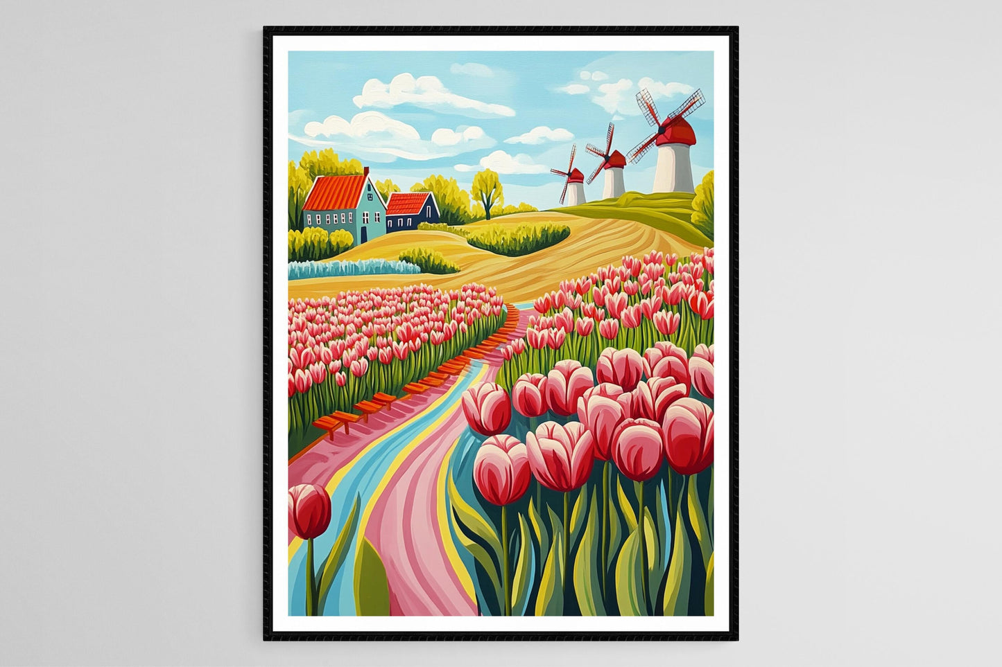 Affiche Festival des Tulipes – Poster Art Naïf avec Sabots et Moulins