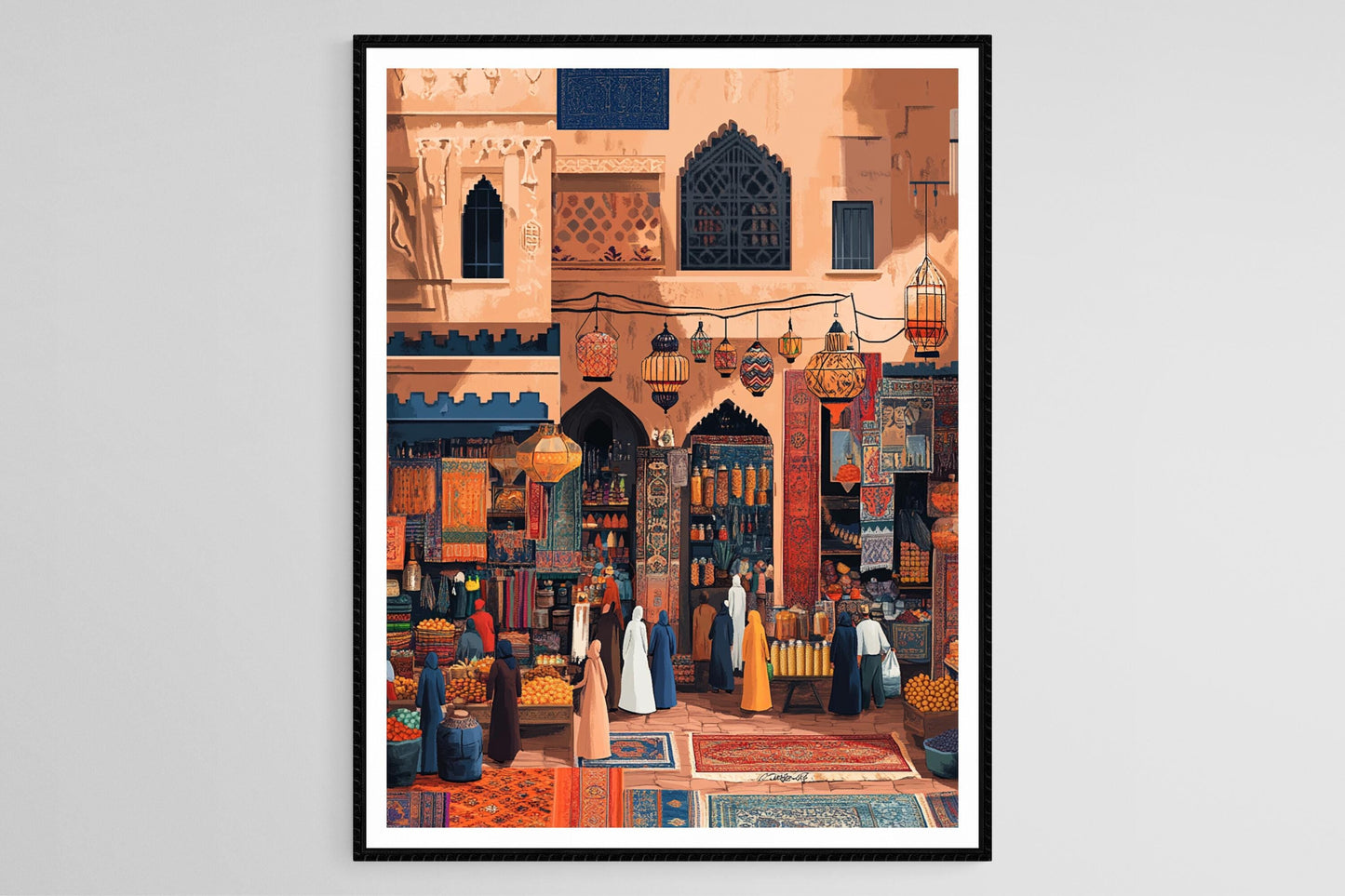 Affiche Souk Marocain – Poster Art Naïve, Tapis et Lanternes Élégants
