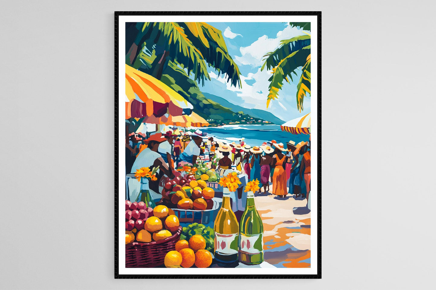 Affiche Brésilienne – Impression Art avec Fruits Tropicaux et Bouteilles de Cachaça