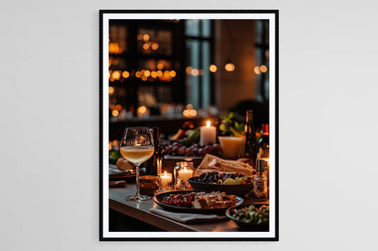 Affiche Dîner aux Bougies – Poster Scène de Dîner avec Vin et Charcuterie