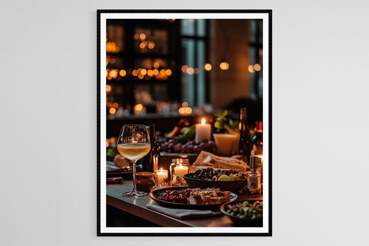 Affiche Dîner aux Bougies – Poster Scène de Dîner avec Vin et Charcuterie