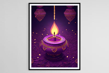 Affiche Diwali – Illustration festive de lampe Diya en violet
