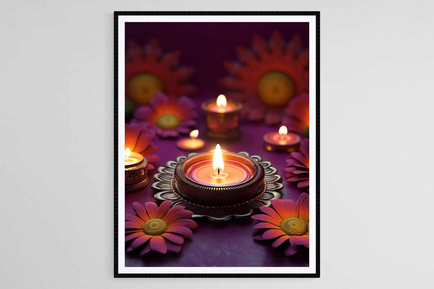 Affiche Diwali – Impression colorée de bougie et fleurs pour déco festive