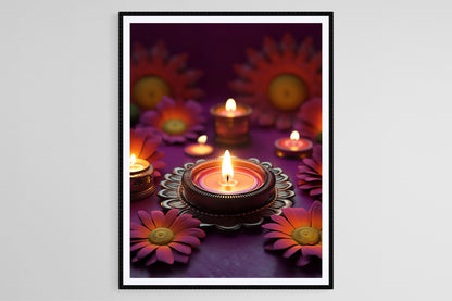 Affiche Diwali – Impression colorée de bougie et fleurs pour déco festive
