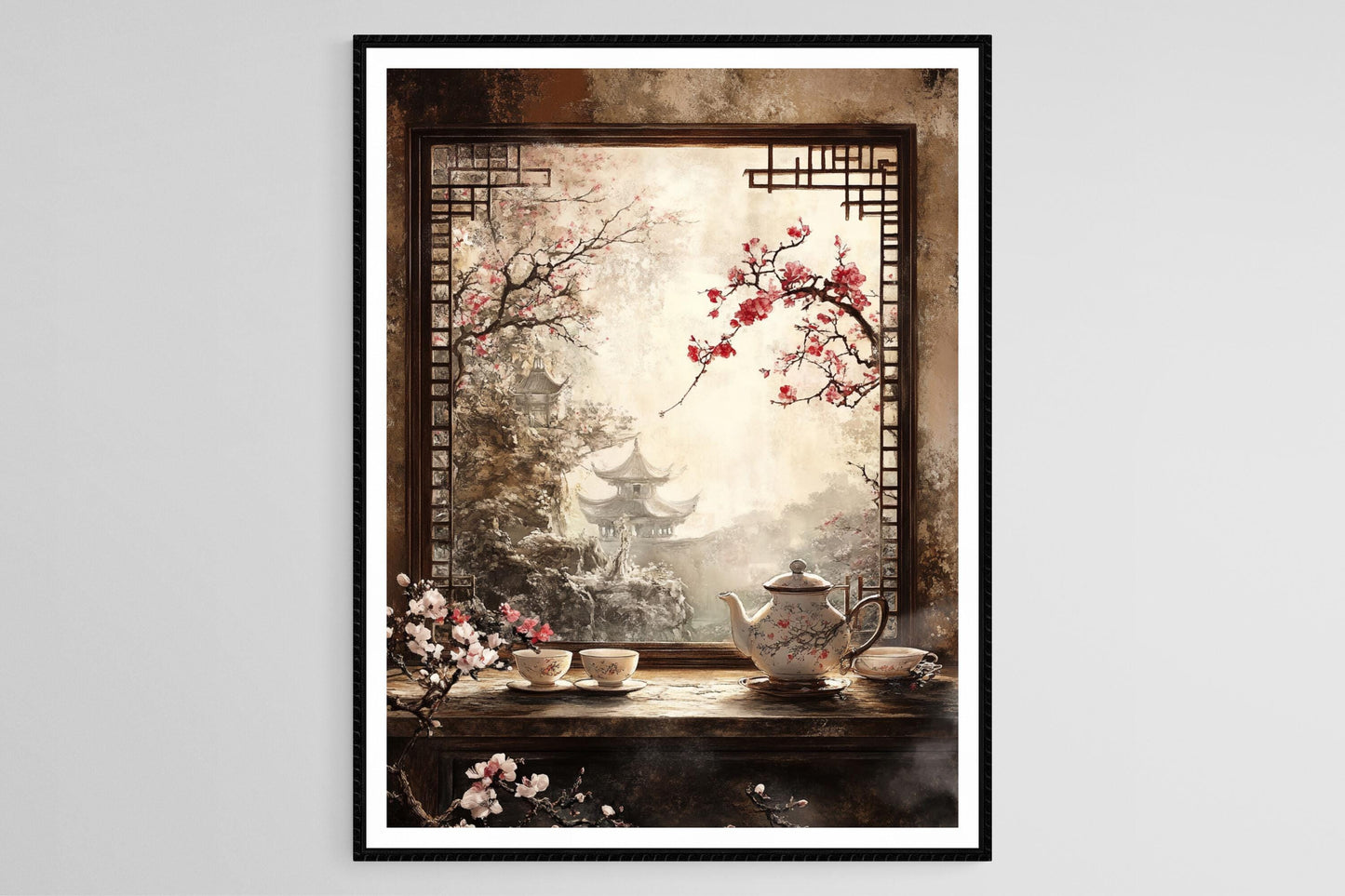 Affiche Cérémonie du Thé – Impression Art, Tasses en Porcelaine, Jardin Paisible