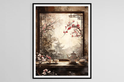 Affiche Cérémonie du Thé – Impression Art, Tasses en Porcelaine, Jardin Paisible