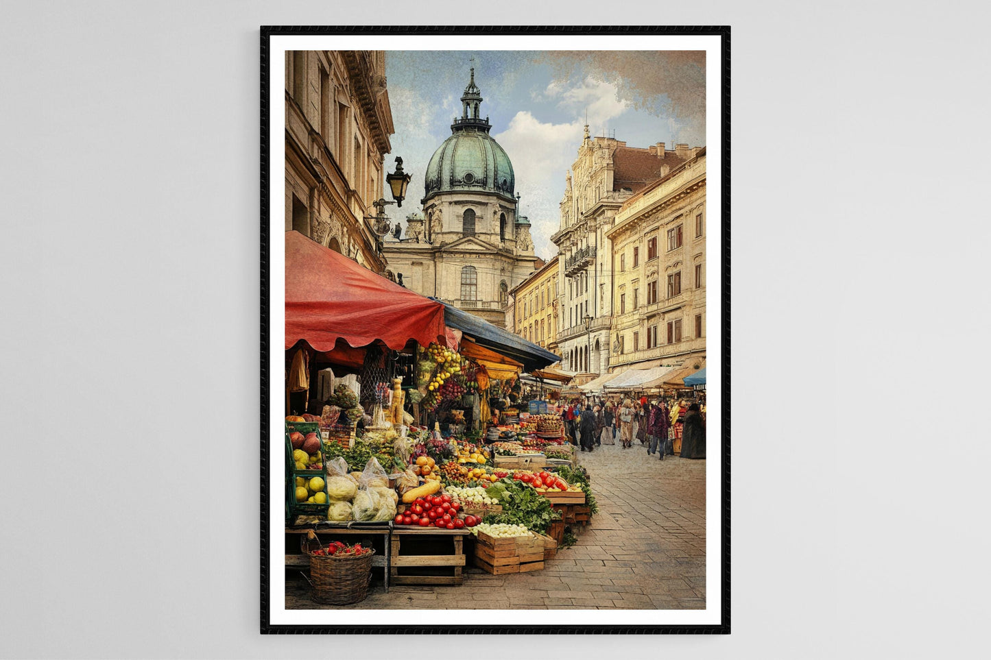 Affiche Marché Hongrois – Poster Scène de Rue Animée avec Bâtiments Historiques