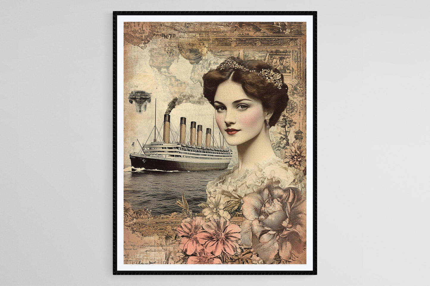Affiche Titanic Vintage – Poster Femme Édouardienne, Collage Floral Maritimes