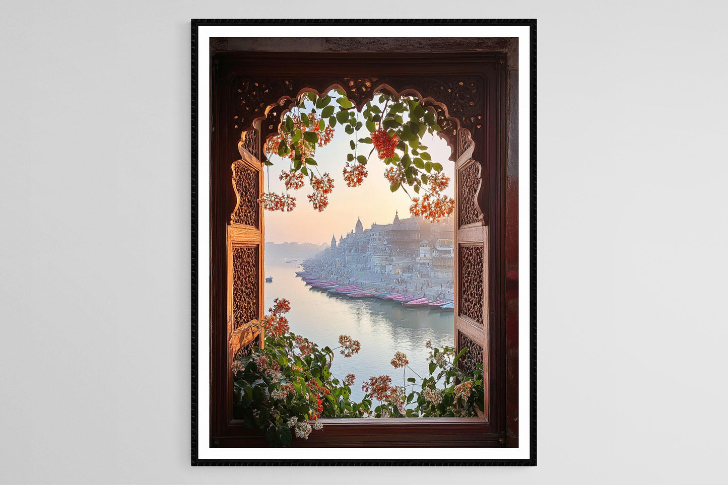Affiche Varanasi – Impression artistique de la rivière Gange et fenêtres de jasmin
