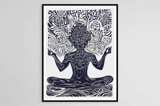 Affiche Méditation Yoga – Poster Illustration Spirituelle Noir et Blanc